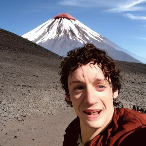 Prompt: frodo taking a selfi at Mount doom