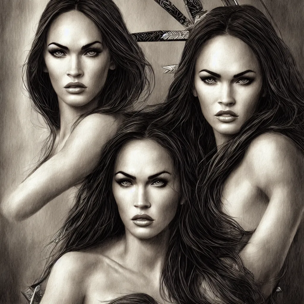 Image similar to portrait of beautiful megan fox as greek goddess aphrodite, archer, arrow on the head, beautiful piercing eyes, flowing blonde hair, realistic face, black and white drawing, in the style of greg rutkowski, fantasy, amazing detail, epic, intricate, elegant, smooth, sharp focus