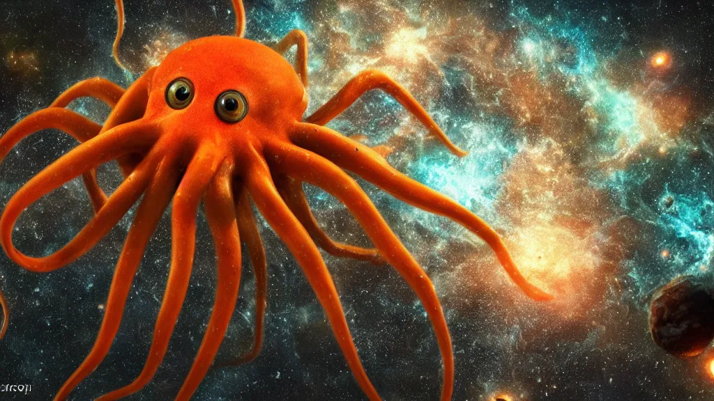 Prompt: spider octopus hybrid on a planet. close bottom view. whole body. nebula background. cinematic composition. cinematic lightning. ultra realistic. 8 k. highly detailled. deep space. ultra realistic details. cinematic atmosphere. studio lighting. shadows. dark background.