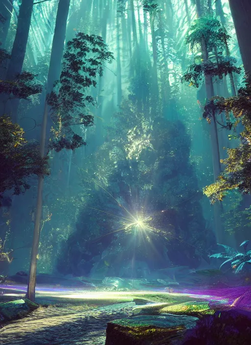 Image similar to beauteous sumptuous, with incredible iridescent pearlescent voluminous fluorescent neon indirect soft glow cinematic lighting, crystalline masterpiece incrustations, hyperdetailed features, movie still, intricate, octane render, cinematic forest lighting, unreal engine, crepuscular rays, god rays