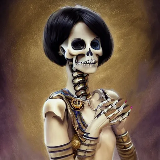 Prompt: cute, shy & beautiful smiling undead skeleton girl with very attractive face and black hair dressed as a cleopatra winking to the viewer, elegant, digital art, fullbody painting, fantasy, pixar style, painting, pin up, highly detailed, artstation, art by artgerm, vrubel, greg rutkowski, ilya kuvshinov, raymond swanland