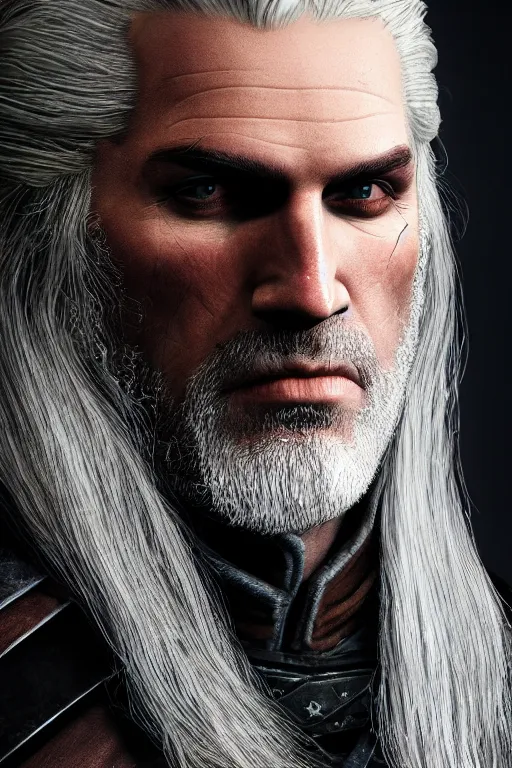 Image similar to portrait of geralt of rivia, 5 5 mm lens, professional photograph, times magazine, serious, stern look, zoomed out