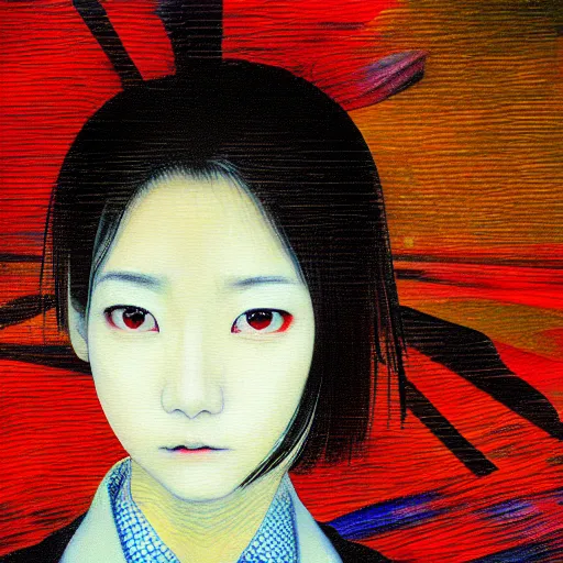 Image similar to yoshitaka amano blurred and dreamy realistic three quarter angle portrait of a young woman with short hair and black eyes wearing office suit with tie, junji ito abstract patterns in the background, satoshi kon anime, noisy film grain effect, highly detailed, renaissance oil painting, weird portrait angle, blurred lost edges