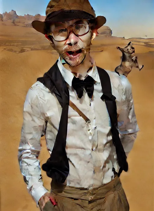 Image similar to Character portrait of a happy furry anthro stoat wearing a white shirt, tan vest, bowtie, and black slacks in the desert wilderness, intricate, elegant, highly detailed, digital painting, artstation, concept art, smooth, sharp focus, illustration, art by Krenz Cushart and Artem Demura and alphonse mucha