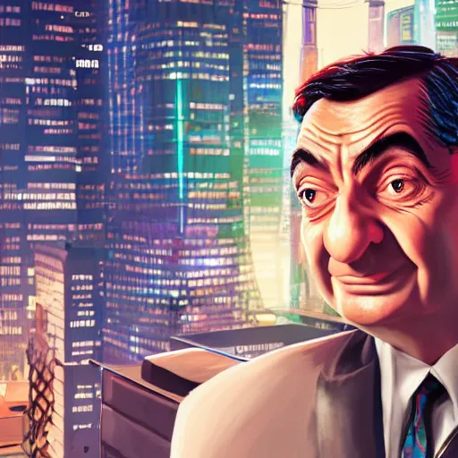 Prompt: mr bean, head and shoulder shot, cyberpunk city, city background, 4k, beautiful face, hyperdetailed, trending on artstation, digital art