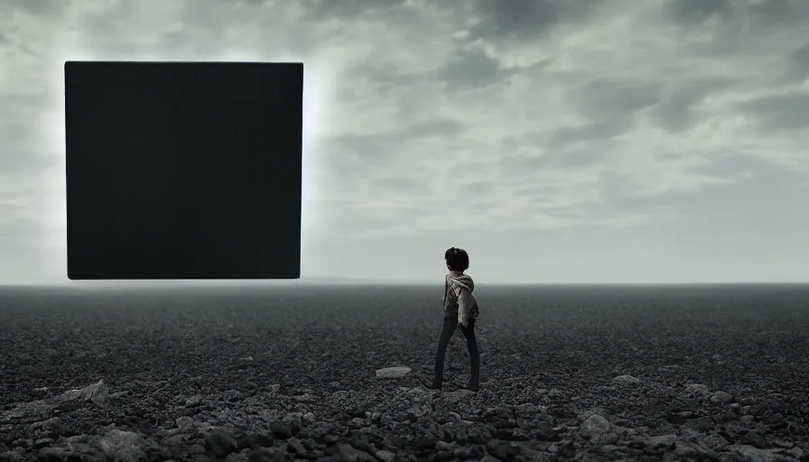 Image similar to a vast wasteland, 1 levitating black cube made of obsidian, cinematic lighting, behance hd, trending on artstation, national geographic photography, digital painting, matte painting