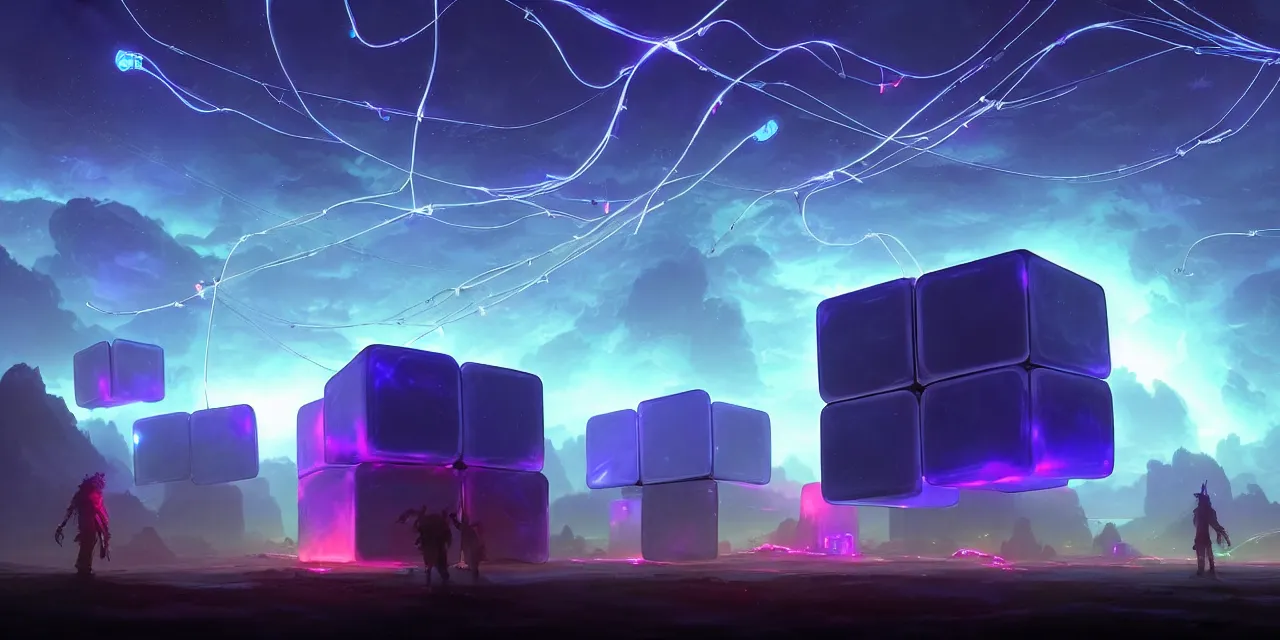 Image similar to a fleet of giant glowing futuristic cubes tied to each other with lots of glowing wires in the sky, thick glowing wires, light rays bouncing between cubes, a fantasy magical landscape seen in the distance, atmospheric lighting, intricate, volumetric lighting, beautiful, sharp focus, ultra detailed, in the art style of marc simonetti, bowater charlie and brom gerald, astrophotography