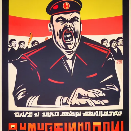 Image similar to soviet propaganda poster of an angry communist developer yelling at his computer