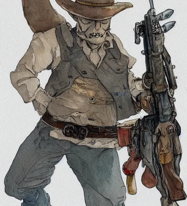 Image similar to a 3 / 4 view watercolor ink painting of an anthropomorphic bunny gunslinger posing with their revolver - rifle in the style of jean giraud in the style of moebius trending on artstation deviantart pinterest detailed realistic hd 8 k high resolution