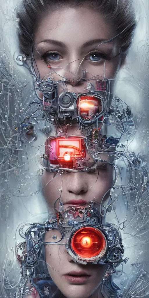 Prompt: ultra realistic beautiful alluring illustration of an ai controlled machine with translucent tubes that are pumping images of popular media into the heads of zombies who wearing designer clothing while taking selfies in new york city. sci - fi, fantasy, intricate, elegant, highly detailed, digital painting, artstation, concept art, smooth, sharp focus, illustration, beautiful light and shadows, by norman rockwell