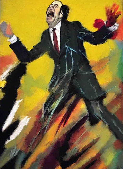 Image similar to saul goodman, screaming, painting by sir francis bacon,'action lines '!!!, graphic style, visible brushstrokes, motion blur, blurry