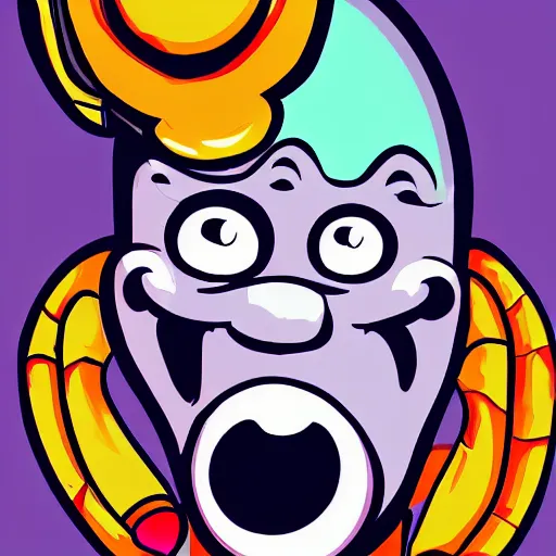 Image similar to cartoon network style, strong chin, handsome squidward portrait, vivid colors