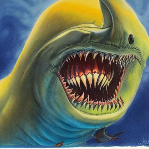 Prompt: julie bell illustration of a shark, Alien mouth