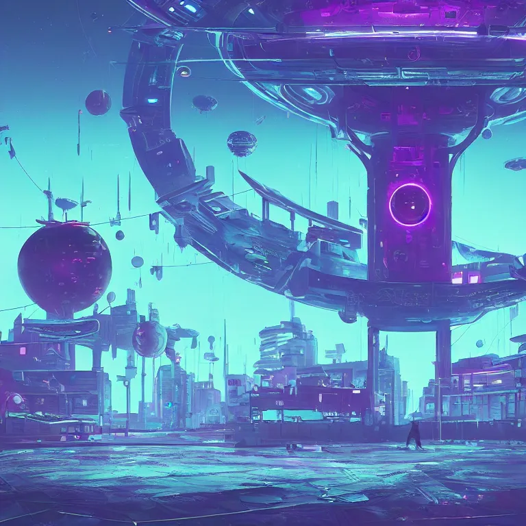 Image similar to a circle portal structure floating in space, cyberpunk, epic surrealism, indigo, purple, cyan, detailed digital matte painting in the style of simon stalenhag and painting by ralph mcquarrie