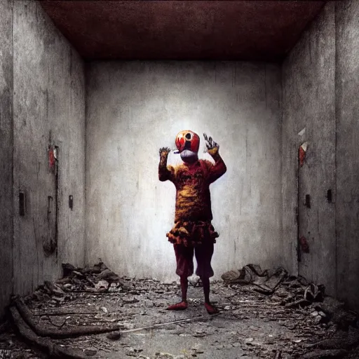 Prompt: a clown holding a baby inside an abandoned hospital, beksinski, dariusz zawadzki, wayne barlowe, very coherent symmetrical artwork, cinematic, hyper realism, high detail, octane render, 8 k