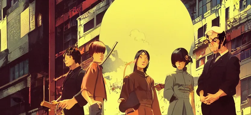 Image similar to a bomb explodes in an office, digital painting masterpiece, by ilya kuvshinov, by frank frazetta, by mœbius, by reiq, by hayao miyazaki, intricate detail, beautiful brush strokes, advanced lighting technology, 4 k wallpaper, interesting character design, stylized yet realistic anatomy and faces, inspired by kill bill animated scene