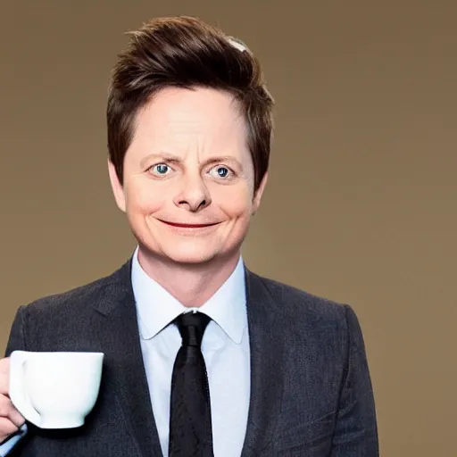 Image similar to Michael J Fox drinking coffee put a poop emoji mug