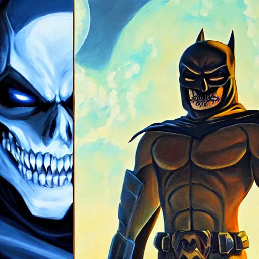 Image similar to portrait painting of skeletor as batman, dnd beyond avatar portraits, beautiful, artistic, elegant, lens flare, magical, nature, realism, stylized, art by jeff easley and genndy tartakovsky