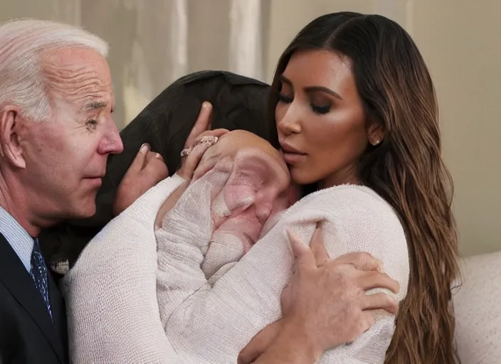 Image similar to film still of kim kardashian being kissed to sleep by joe biden, 8 k