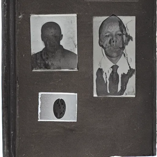 Prompt: an old case file from the archives, with suspect photograph and multiple fingerprints imprints. old, smudged, dusty, scratched, weathered, gritty, 2 k