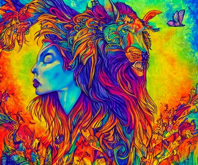 Prompt: the wildest dream, vivid colors, golden hour, psychedelic art, magical creatures