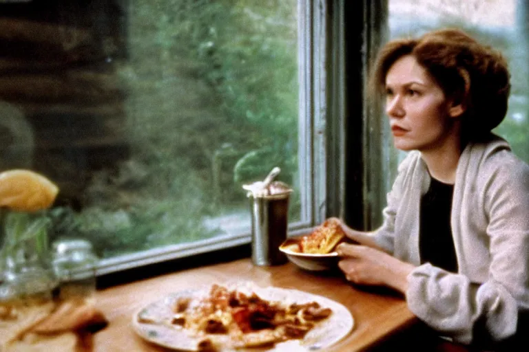 Image similar to soviet movie still a soviet woman sitting at a table next to the window with food, dark warm light, a character portrait by margarita terekhova, movie stalker solaris film still by andrei tarkovsky, 8 k, 1 9 8 4, close - up bokeh, gelios lens, color, noir