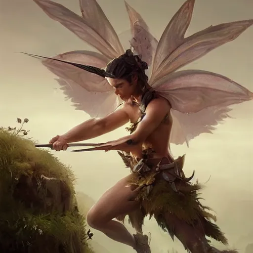 Image similar to scary godlike fairy killing a frog , muscular , upper body , epic , traditional makeup , gorgeous features , Post-processing , low angle , Greg rutkowski legendary matte painting , masterpiece