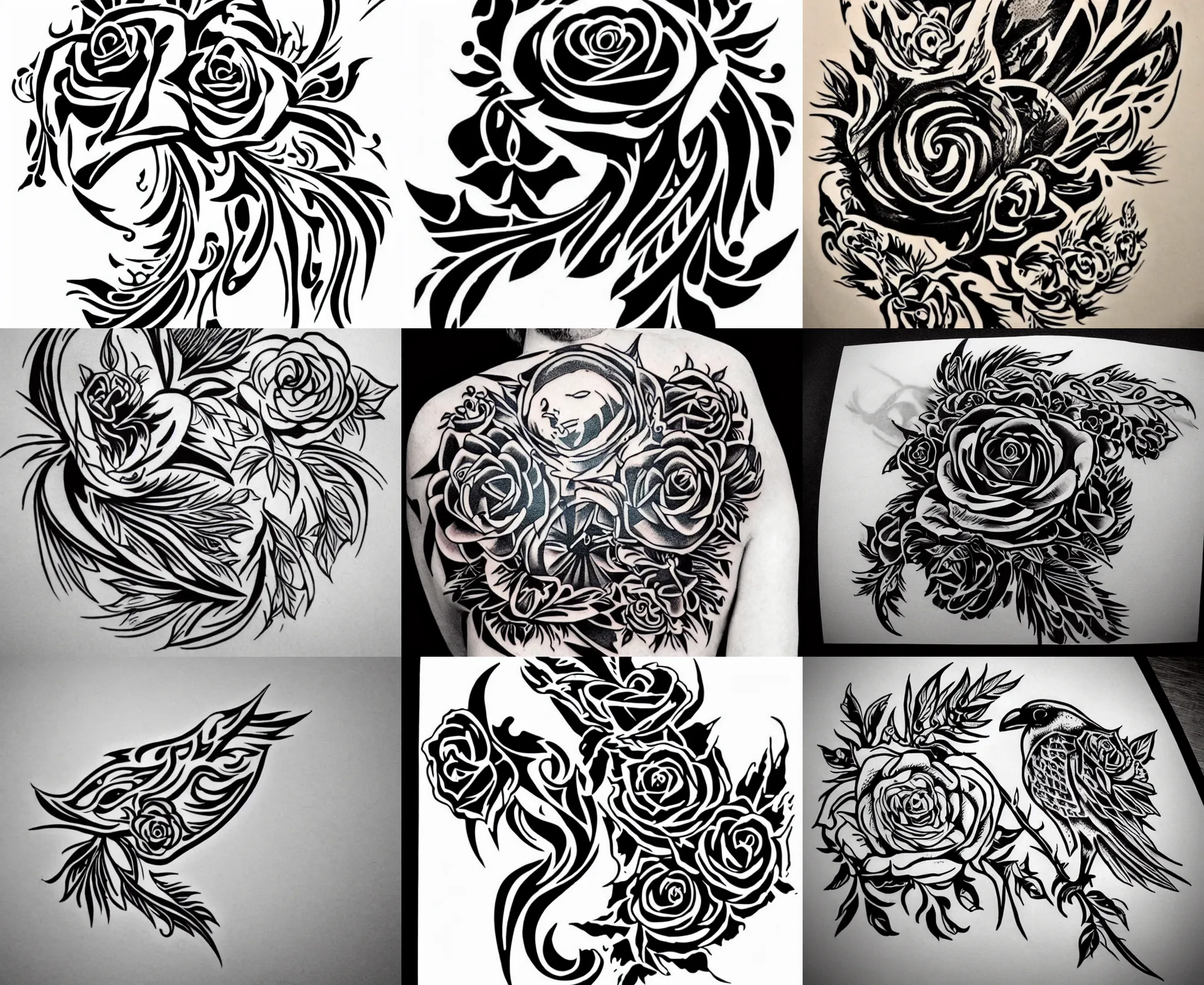 Image similar to Tattoo Stencil stylized crow rose Raven, bold strong lines very highly aesthetic