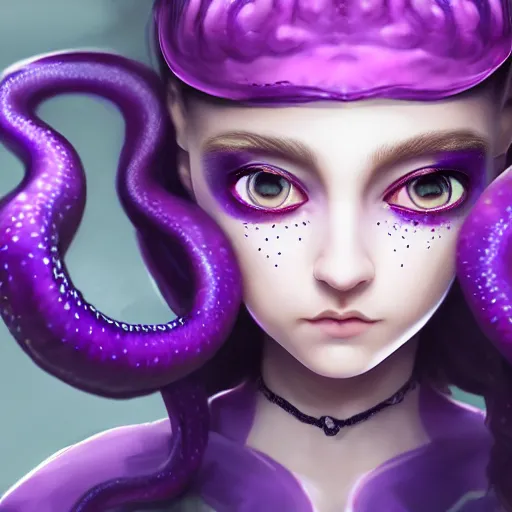 Prompt: artstation young girl with purple eyes and tentacles on her head in fury, very detailed, in glass town, portrait, high contrast, unreal engine 5