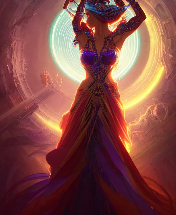 Image similar to a whirlwind of souls rushing inside the metaverse, half body, glowin eyes, tiara with sapphire, pharaoh, android, cyberpunk, d & d, fantasy, intricate, elegant, highly detailed, colorful, vivid color, digital painting, artstation, concept art, art by artgerm and greg rutkowski and alphonse mucha and ruan jia