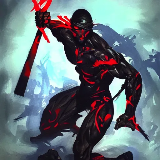 Prompt: a beautiful painting of Night Stalker by Yoji Shinkawa, Dota, strong lines and bold colors, limited color palette, atmosphere and tension, Japanese, trending on artstation