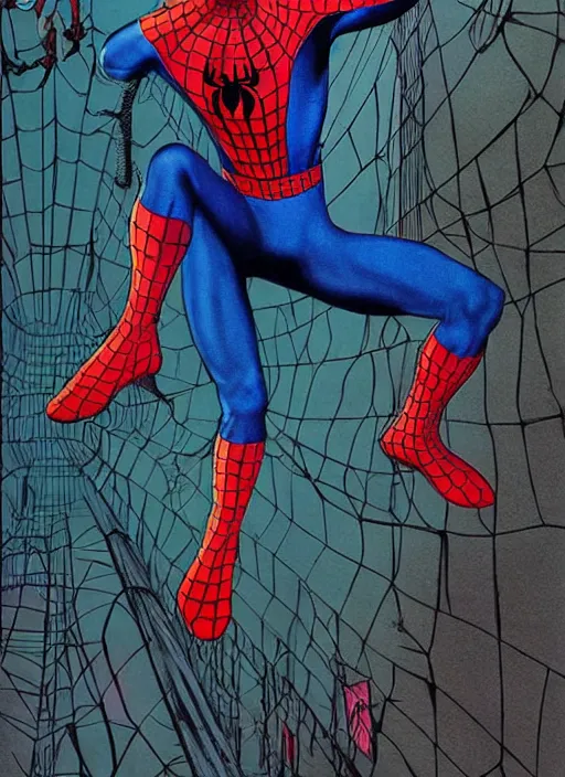 Image similar to poster artwork by Michael Whelan and James Jean, dramatic pose of Spiderman holding Mary Jane, reality is a web of lies, psychological thriller from scene from Twin Peaks, clean, simple illustration, nostalgic, domestic, full of details