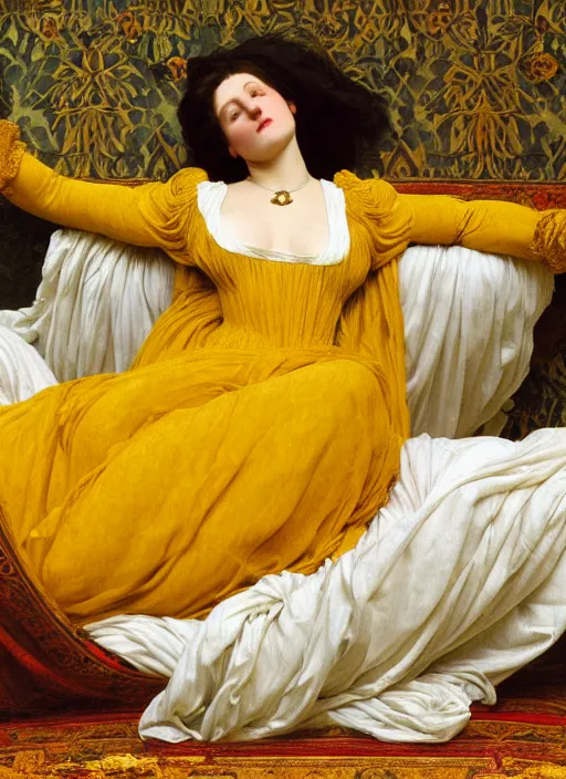 Image similar to masterpiece portrait of lady reclining on spilling flowing bed wearing yellow ochre ornate medieval dress, vertical, foreshortening, colour photography by frederic leighton, william morris, 8 k