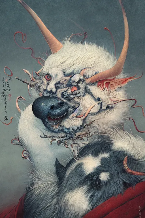 Image similar to a portrait of a japanese devil animal illustrated by miyazaki by karol bak, james jean, tom bagshaw, rococo, sharp focus, trending on artstation, cinematic lighting, hyper realism, octane render, 8 k, hyper detailed, vivid, ultra detailed, highly detailed