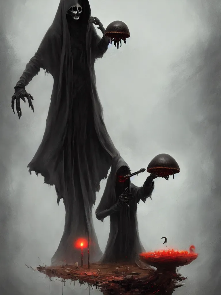 Prompt: the grim reaper stealing the soul from a humanoid mushroom. Dark fantasy art by Greg rutkowski. Trending on artstation