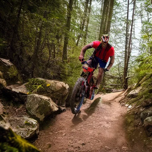 Prompt: 38 year old male on a full suspension mountain bike riding down a steep and rocky trail with a big smile on his face, ultrarealistic, 4K