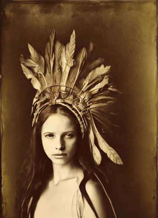 Image similar to portrait of young woman in renaissance dress and renaissance headdress, art by sally mann