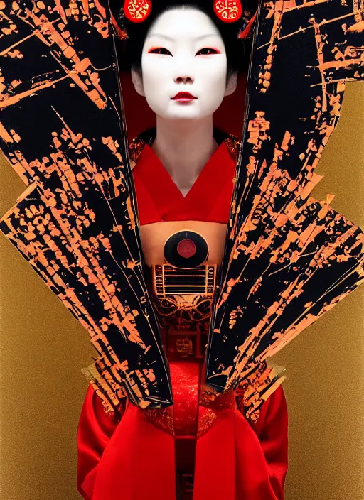 Prompt: portrait of a futuristic geisha cyborg, with a red kimono with japanese golden signs written on it, kintsugi, modern fine art, fractal, intricate, elegant, highly detailed, digital photography, parallax, subsurface scattering, in the style of ghost, by jheronimus bosch and yue minjun and greg rutkowski,