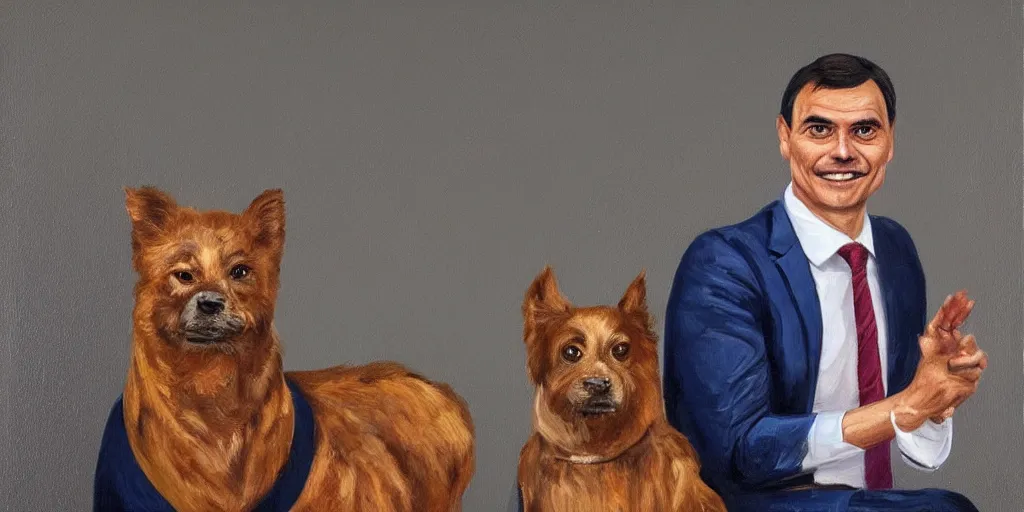 Prompt: Spanish politician Pedro Sanchez as anthropomorphic dog, oil painting