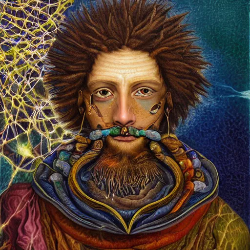 Prompt: a very high hyperdetailed painting with complex textures of a man philosopher mystic metaphysical student of alchemy has a war against his ego and a desire for transcendental knowledge, surreal psychedelic conceptual magical realism