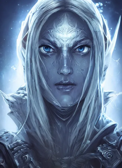 Prompt: close up portrait of sylvanas windrunner, pale blue backlight, powerful, domineering, stoic, masterful, intense, ultrafine hyperdetailed illustration by kim jung gi, irakli nadar, intricate linework, sharp focus, octopath traveler, yoji shinkawa, highly rendered, detailed, concept art