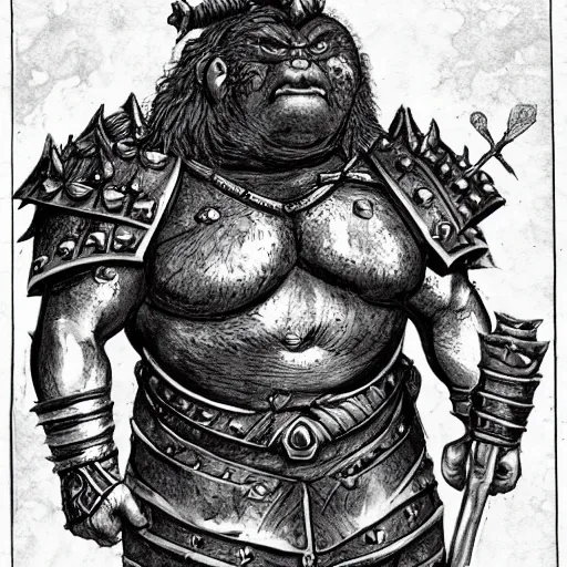 Image similar to ogre warrior wearing plated armor who is holding a battle axe in the style of warhammer fantasy : : head and torso drawing