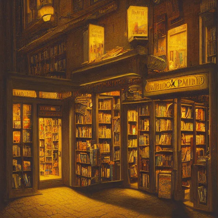 Prompt: liminal polaroid of a book shop at night, art by tim hildebrandt, deep depth of field. highly detailed, hyper realism, hd, 4 k