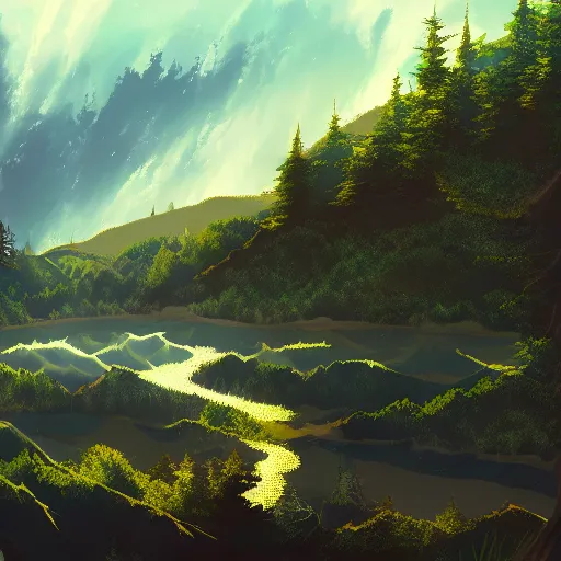 Image similar to far deep drop, to the sky to the top, lakes we cross to see the trees, lost and gone, suffer disease, trending on artstation, anime style 4 k