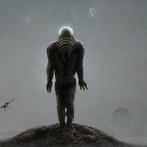 Prompt: an alien waves goodbye to his alien friends as he walks onto his spaceship, beksinski, wayne barlowe, very coherent symmetrical artwork, cinematic, hyper realism, high detail, octane render, 8 k