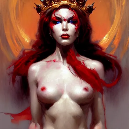 Prompt: attractive demon queen robot with crown and red eyes, painting by gaston bussiere, craig mullins, luis rollo, torso portrait, digital painting, highly detailed, artstation, sharp focus, illustration, concept art, hd