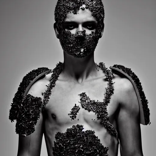 Image similar to a portrait of a beautiful young male wearing an alexander mcqueen armor made of ashes , photographed by andrew thomas huang, artistic