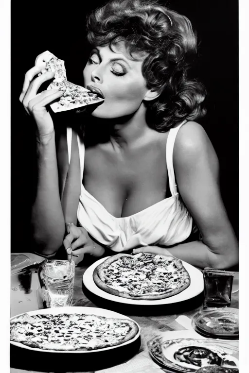 Image similar to professional studio photo of sophia loren eating!!! a pizza! margherita, closeup, portrait photo, diffuse light, black and white photo, 5 0 mm, soft focus, acclaimed, masterpiece