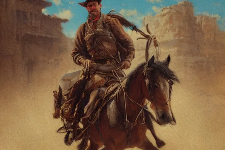 Prompt: close up portrait of rugged sheriff riding his horse through a busy old - west town, detailed, volumetric lighting, cinematic, in the style of fredrick remington, gaston bussiere