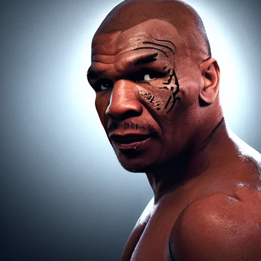 Image similar to a still of mike tyson, cinematic, 4 k, god rays through fog